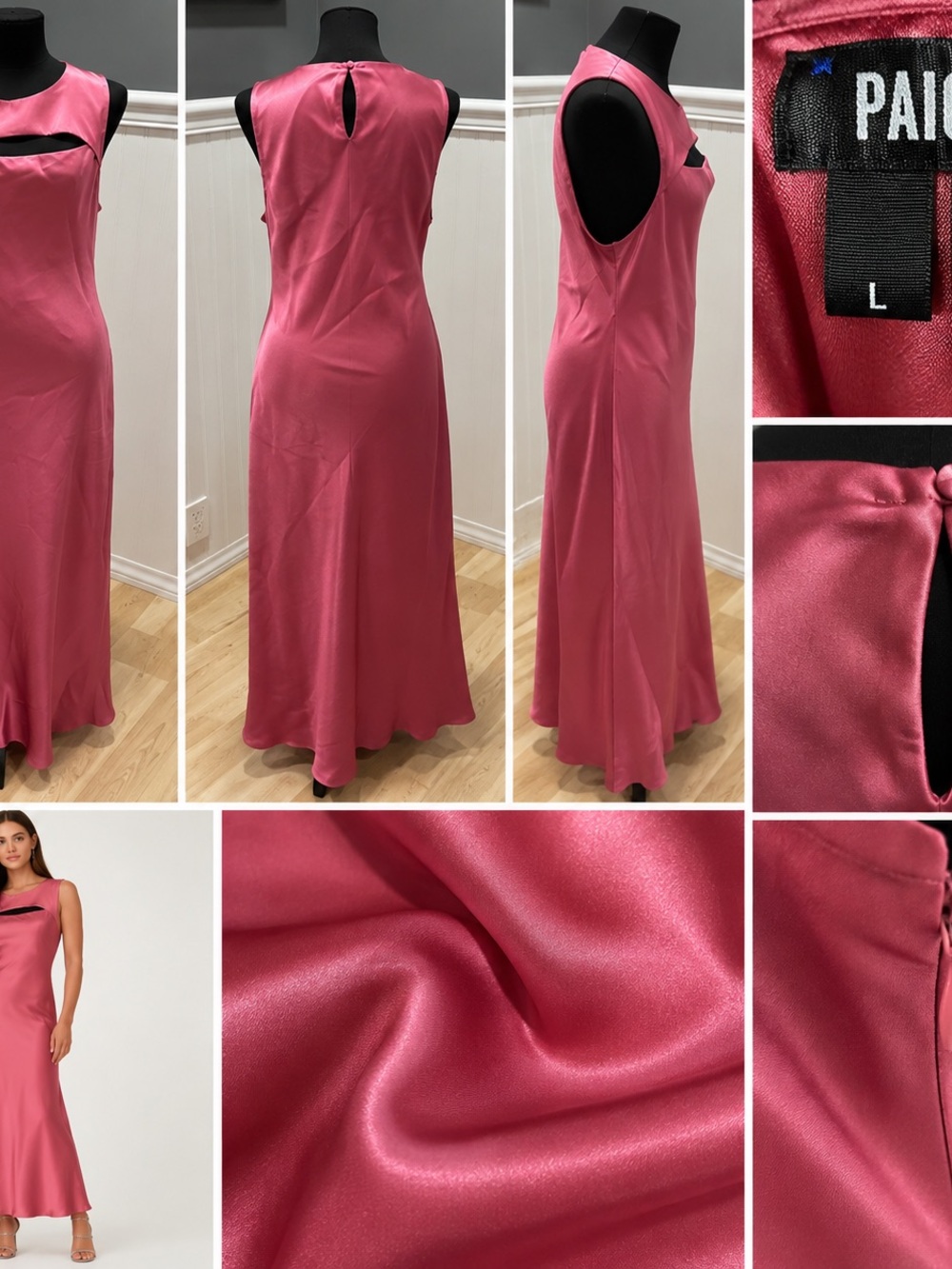 PAIGE Pink Satin Sleeveless Maxi Dress with Black Trim